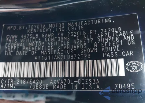 2020 Toyota Camry Se из США, поврежденный, VIN 4T1G11AK2LU872528